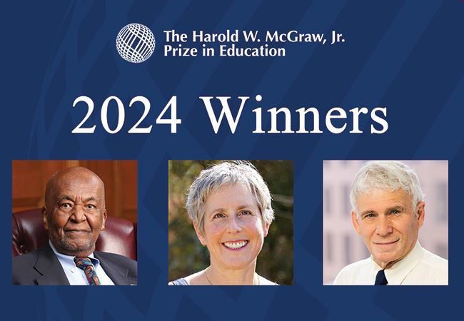 Headshots of the three 2024 McGraw Prize in Education winners