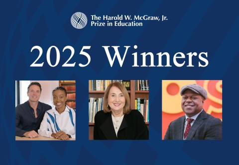 Headshots from left to right of the four 2025 McGraw Prize in Education winners including Joe Wolf and Rapelang Rabana, Cathy N. Davidson, and Dr. Frederic Bertley