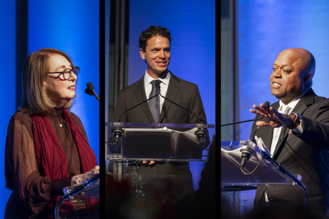 Collage of the three McGraw Prize 2025 winners at podium.